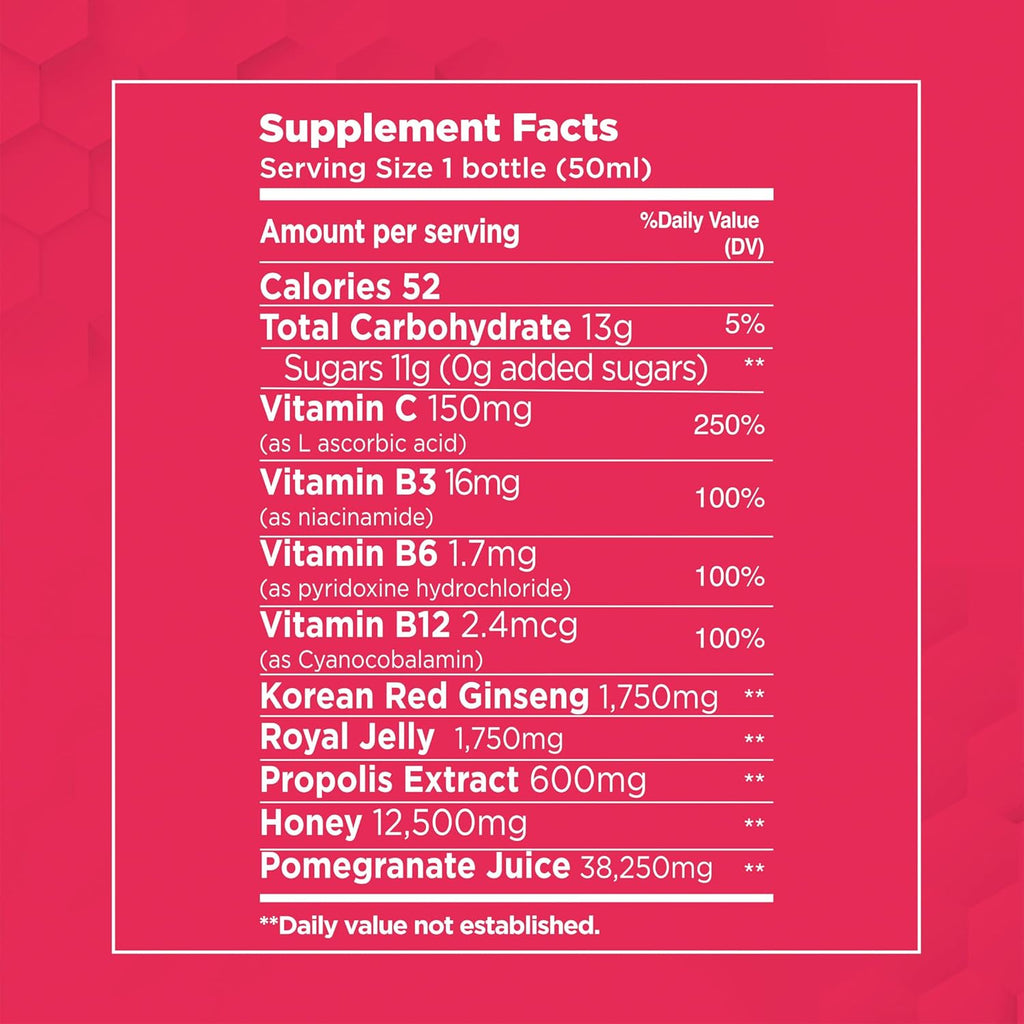 Bee and You Energy X Shot, Korean Red Ginseng, Royal Jelly, Propolis, Caffeine Free Energy Drink, Vitamin C, B3, B6, B12, Immune Support Supplement, Antioxidants, Pomegranate Flavor
