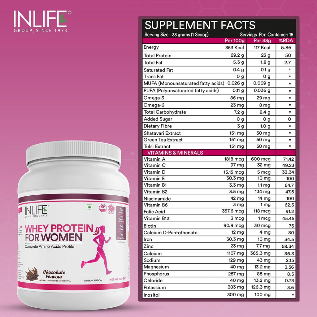 INLIFE Whey Protein Powder for Women | Ayurvedic Herbs, 23g Protein, 21 Vitamins Minerals, Omega 3 6, Digestive Enzymes, Hair Skin Nails 500g (500g, Chocolate)