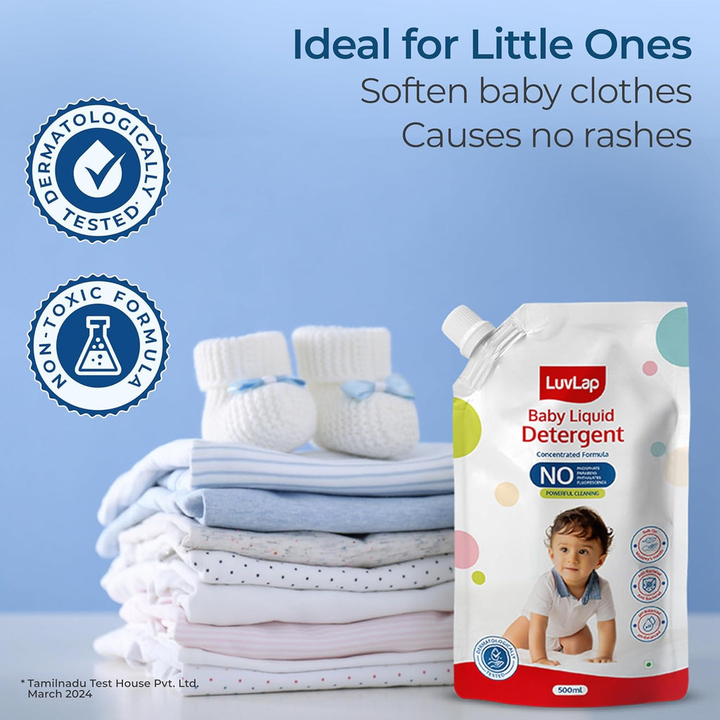 LuvLap Baby Laundry Detergent Refill pack- 500ml, pH Balanced, No harsh chemicals, Safe for mommy's hands & baby's skin, Anti-Bacterial, Softens clothes & Removes Stains, Dermatologically tested
