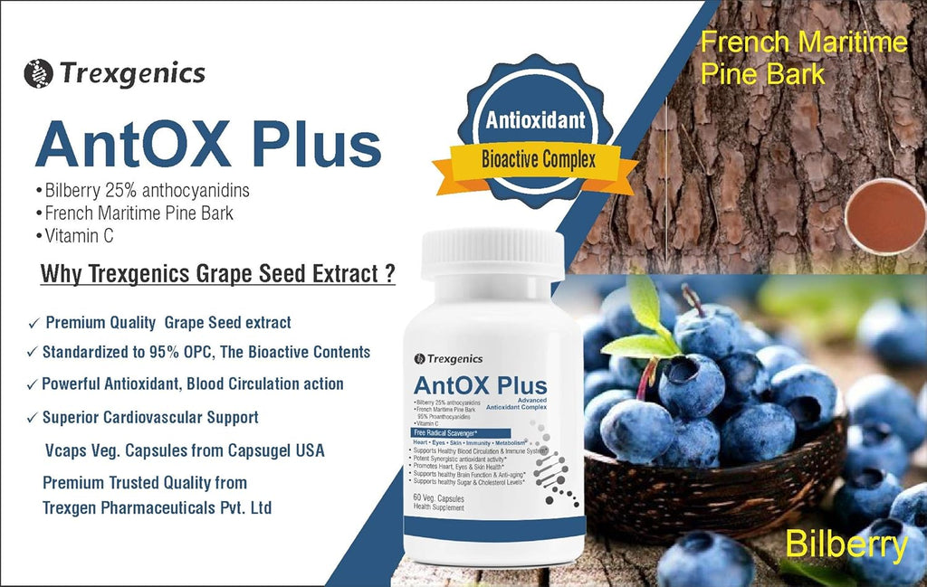 TrexgenicsÂ® ANTOX PLUS Bilberry 25% 200 mg, Pine bark 90% 200 mg & Vitamin C Advanced Antioxidant complex, Heart, Eyes, Skin, Immunity, Metabolism (60 Vcaps) (1)