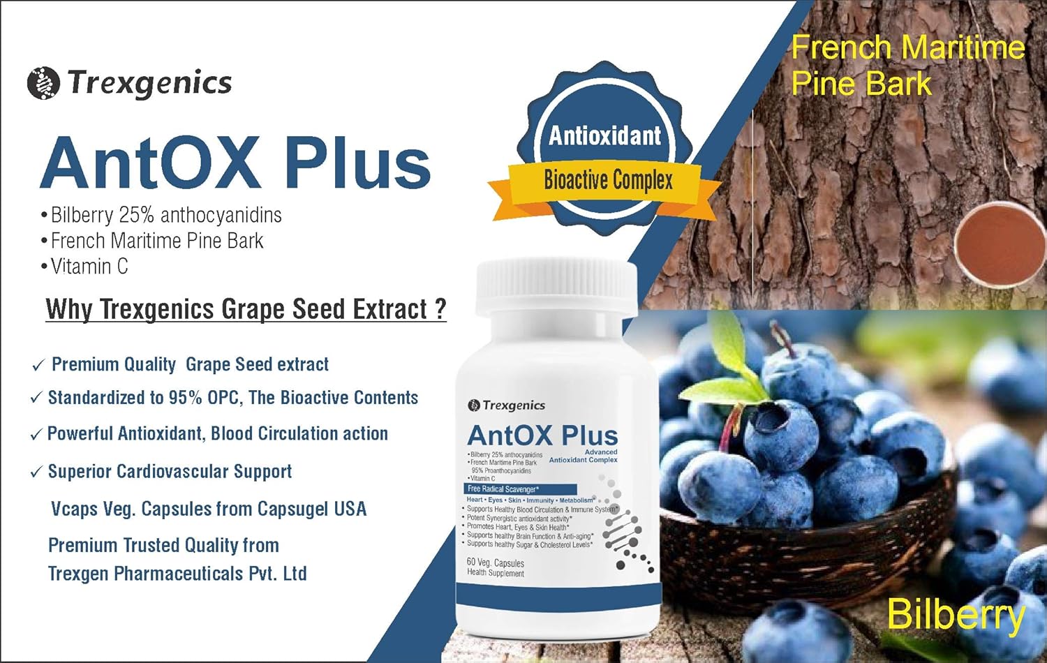 TrexgenicsÂ® ANTOX PLUS Bilberry 25% 200 mg, Pine bark 90% 200 mg & Vitamin C Advanced Antioxidant complex, Heart, Eyes, Skin, Immunity, Metabolism (60 Vcaps) (1)