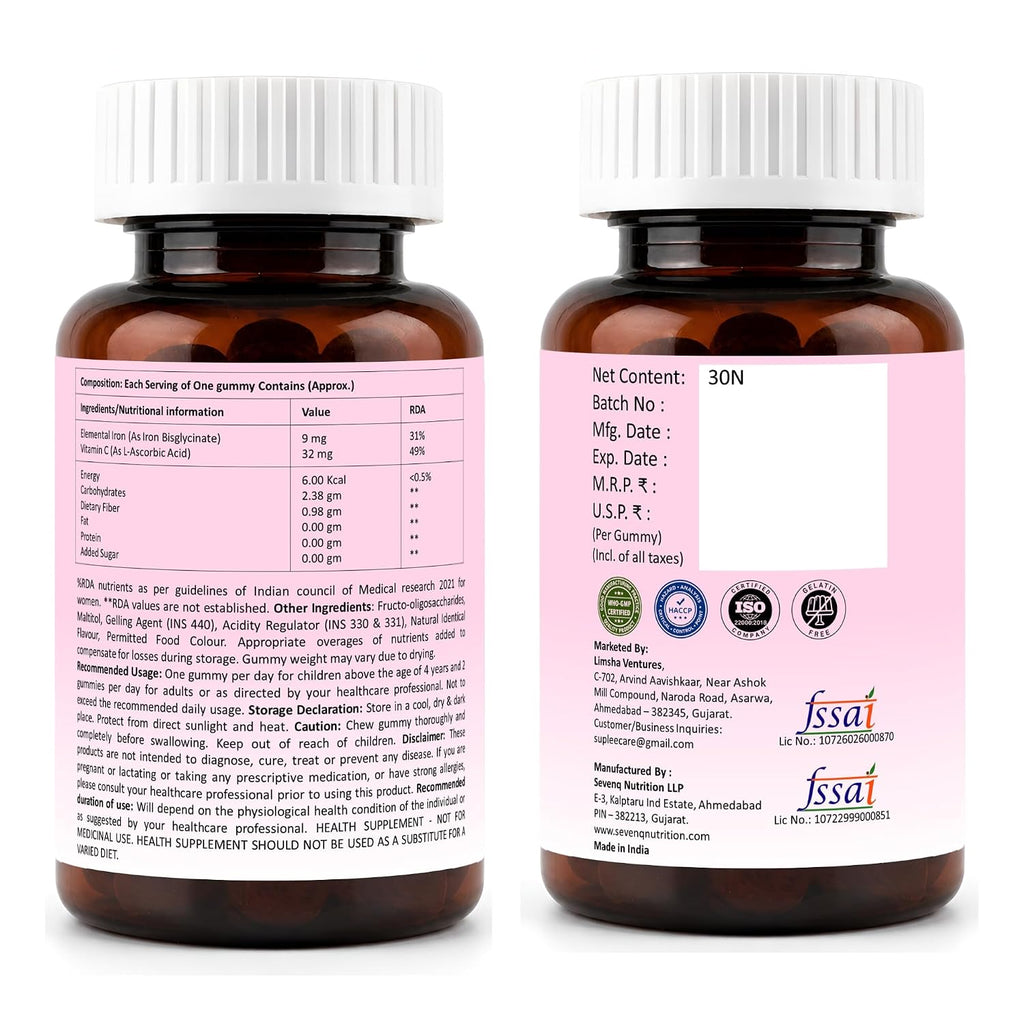Suplee Chelated Iron Bisglycinate Gummies with Vitamin C Supplement | Mixed Berries Flavour, Zero Added Sugar, For Men, Women & Kids, 30 Gummies