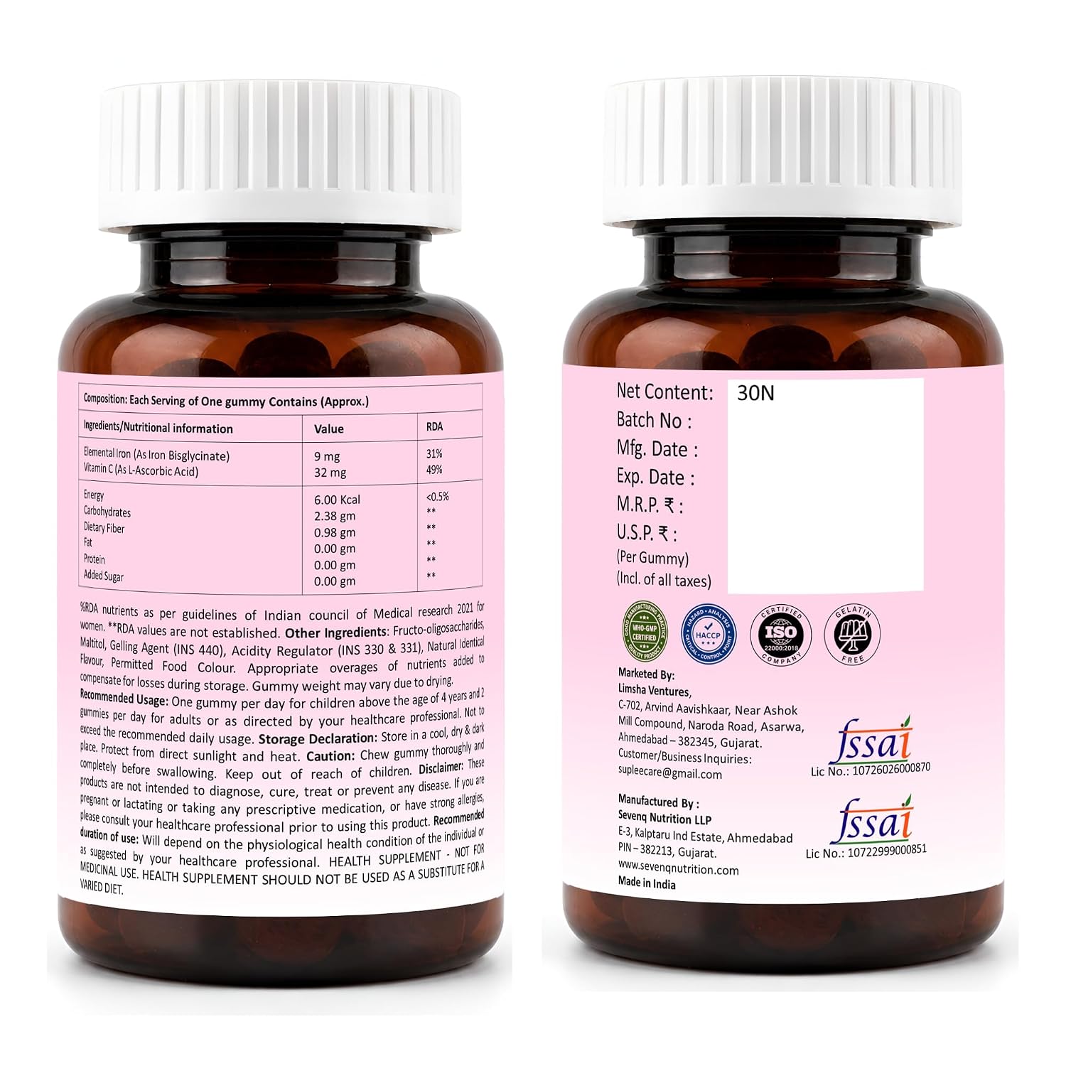 Suplee Chelated Iron Bisglycinate Gummies with Vitamin C Supplement | Mixed Berries Flavour, Zero Added Sugar, For Men, Women & Kids, 30 Gummies