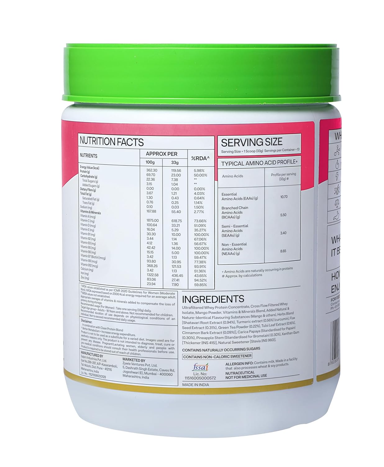 OZiva Protein & Herbs for Women (Mango) I Manage Weight, Energy & Metabolism | Clean Protein, Shatavari, Green Tea I No Added Sugar, 1lbs (453gm)