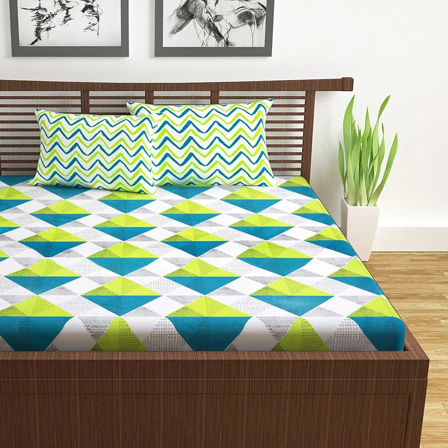 Divine Casa 144 TC 100% Cotton Double Bedsheet with 2 Pillow Covers Floral Pattern Colour Sky Blue & Lemon