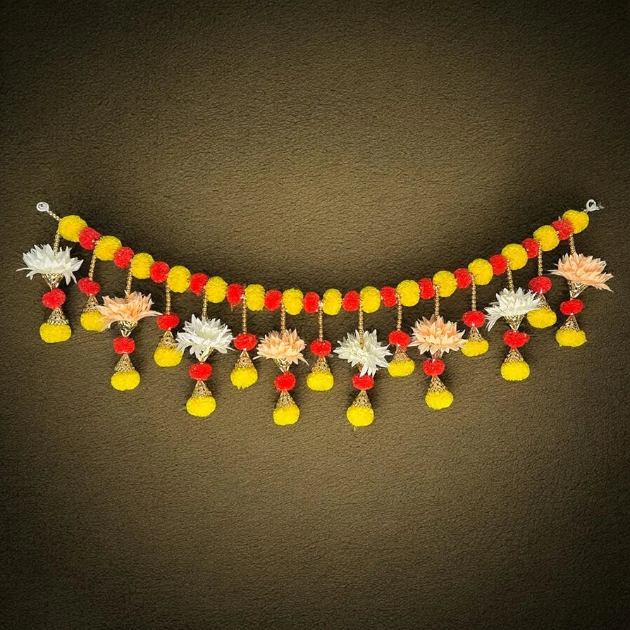 Handcrafted Decorative Bandanwar with Marigold Artificial Flowers Bells & Beads 40x9 Inches