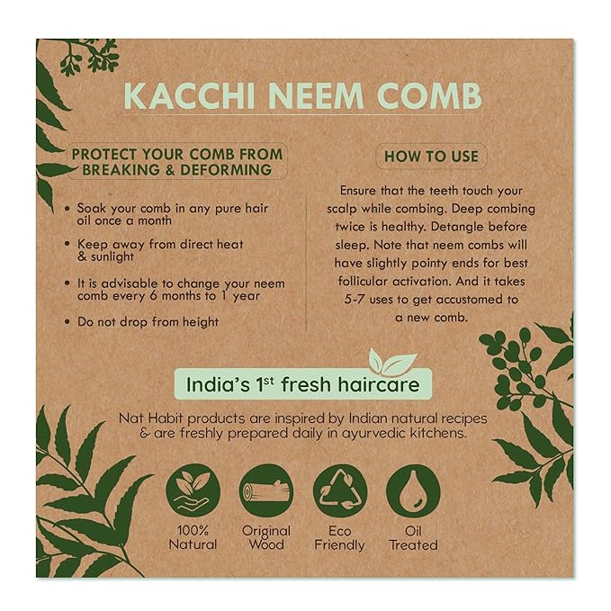 Nat Habit Kacchi Neem Wooden Shampoo Comb - Soaked in 17 Herbs, Neem & Sesame Oil | Wide Tooth- Small Size