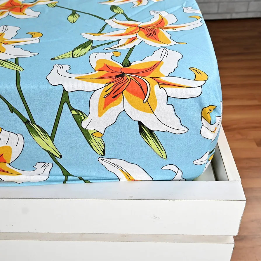 Divine Casa Floret 100% Cotton Double Fitted Bedsheet 144 TC Colour Wildflower Charm