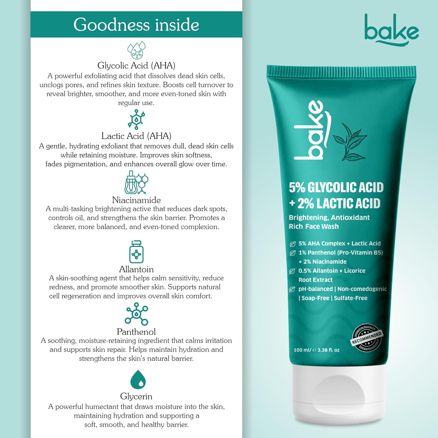 BAKE 5% Glycolic Acid Face Wash for Dark Spots & Pigmentation | For Tan Removal & Dull Skin | Daily Brightening & Glowing Face Wash - 100ml