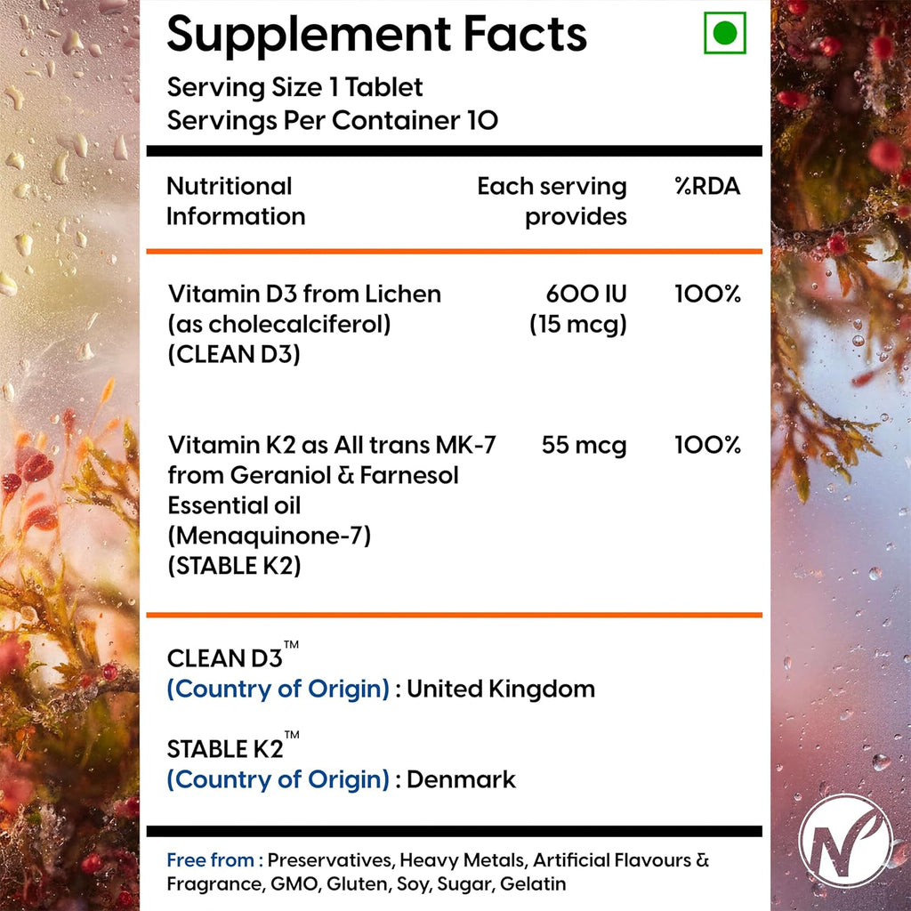 The Nature's Society Â® Vitamin D3 K2 Supplement | D3 from UK | K2 MK7 from Denmark | For Calcium Utilization, Bone Strength & Heart Health | D3 Supplement For Immunity | Vegan D3 - Lichen - 120 Veg Tablets (120 Veg Tablets (10 count))