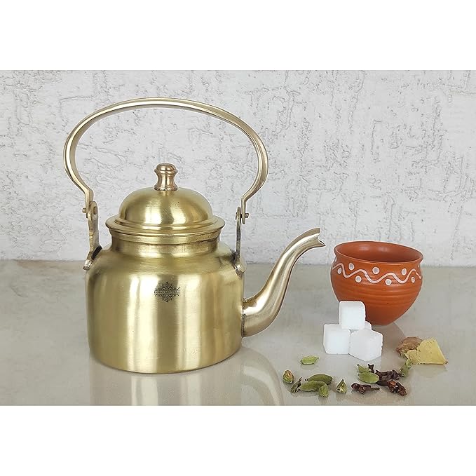 Indian Art Villa Pure Brass Matt Finish Tea Pot/Tea Kettle Volume | 550 ml Gold