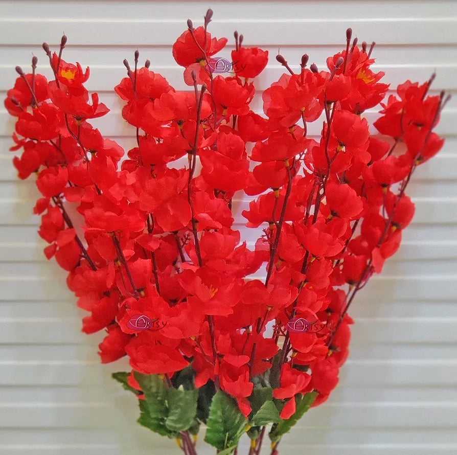 Artificial Flowers Bunch for Decoration Cherry Blossom Ideal for vase Without vase Red