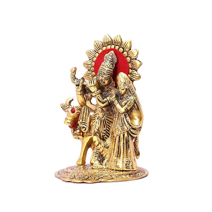 KridayKraft Metal Radha Krishna Standing with Cow Statue for Decorative Home office and Gifts