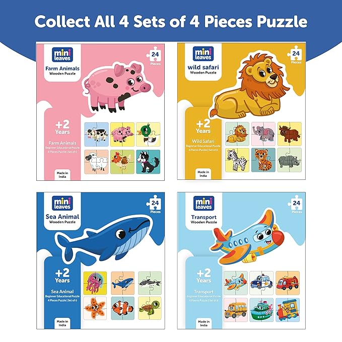 Mini Leaves 4 Piece Wooden Puzzle for Kids | Set of 6 Sea Animals Jigsaw Puzzle | Educational Puzzle Game