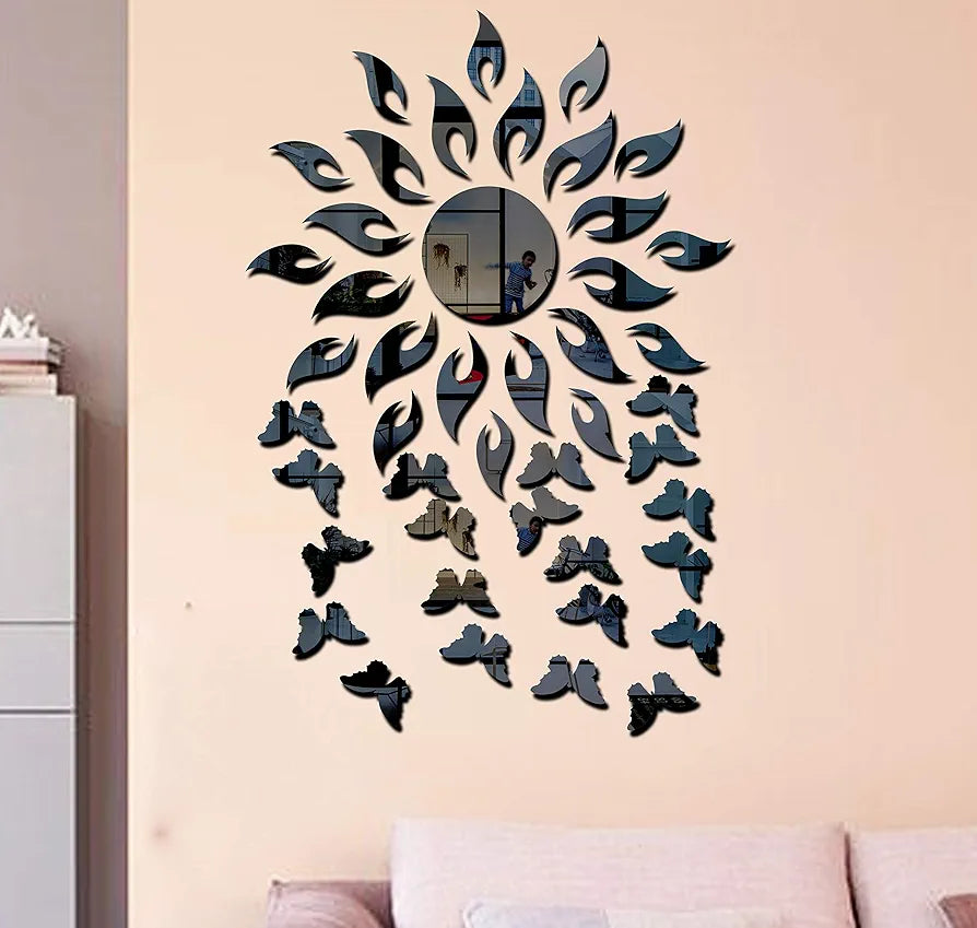 Bikri Kendra Sun with 20 Butterfly 3D Acrylic Glass Wall Mount Mirror Wall Stickers Pack of 1