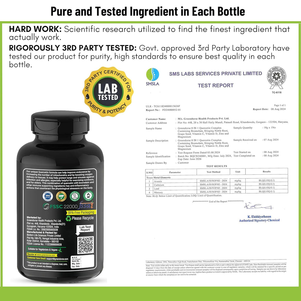 GREENDORSE Premium Quercetin with Bromelain, Stinging Nettle, Grape Seed, Vitamin C & D, Zinc, Magnesium – 8-in-1 Immune Support Supplement – Antioxidant, Allergy Relief, Cardiovascular & Respiratory Health – 60 Vegan Capsules