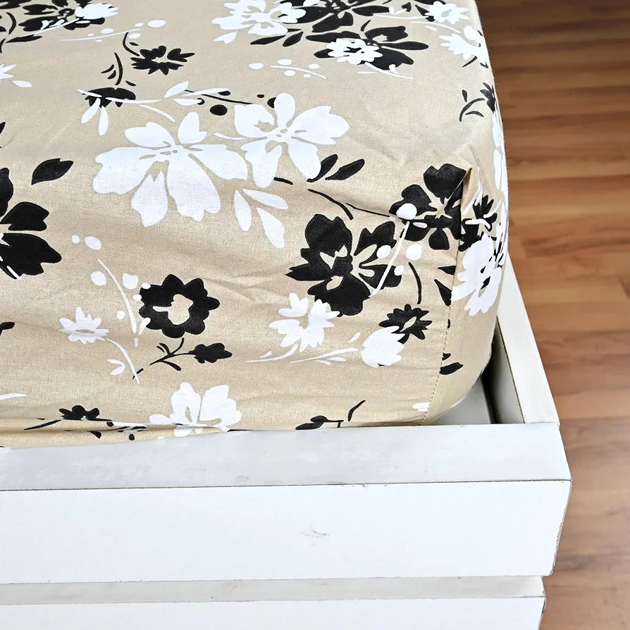 Divine Casa Floret 100% Cotton Double Fitted Bedsheet 144 TC Colour Ivory Sunflowers