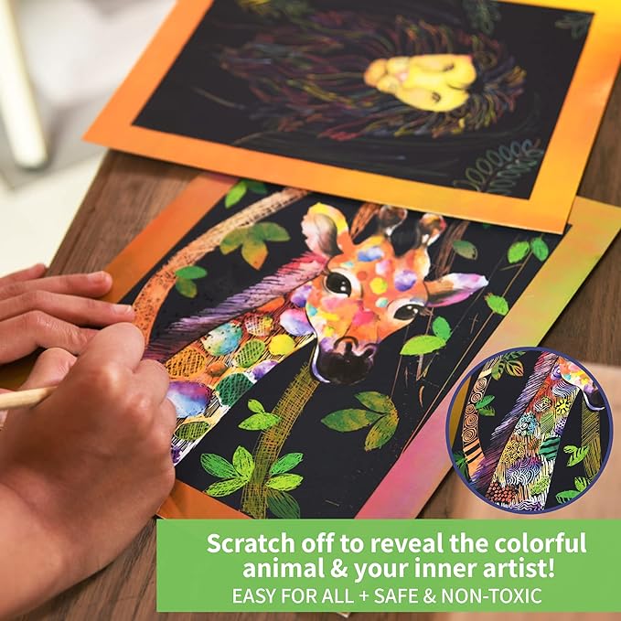 Chalk and Chuckles Animal Power Scratch Art Kit for Kids 6-12 With Stickers | Diy Activity Travel Toys for Kids