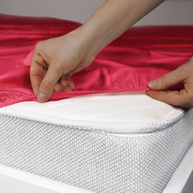 Stoa Paris Satin Elastic Fitted Bedsheets for Single Bed 300TC Premium 1 Pillow Cover Colour Flirty Red