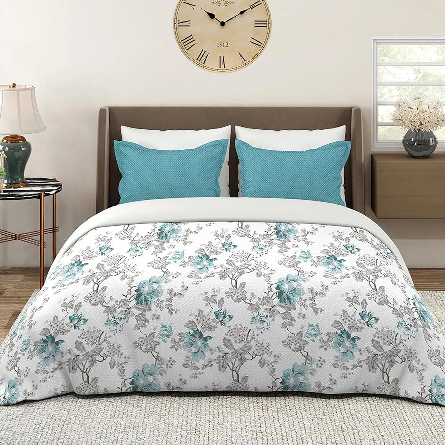 Layers Tivoli Cotton Bedsheet Set for All Seasons Lightweight 104 TC Queen Size Beige/Blue Color