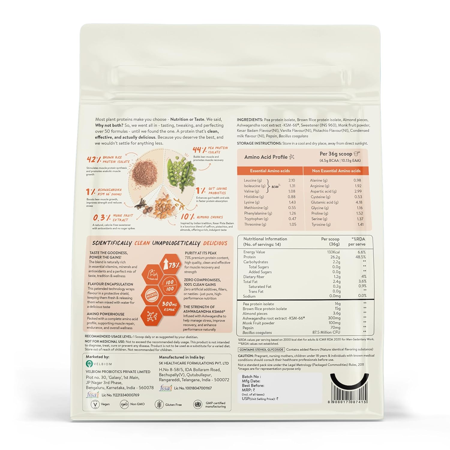 Happy Cultures 26g Tastiest Plant Protein| Kesar Badam Pista | Pea & Brown Rice Protein Isolate| No Added Sugar| Vegan| 20 Complete Amino Acids| Monk Fruit Extract| Women & Men| No Bloating, Easy to Digest| Dairy Free with Probiotics- 505g, Kesar Pista