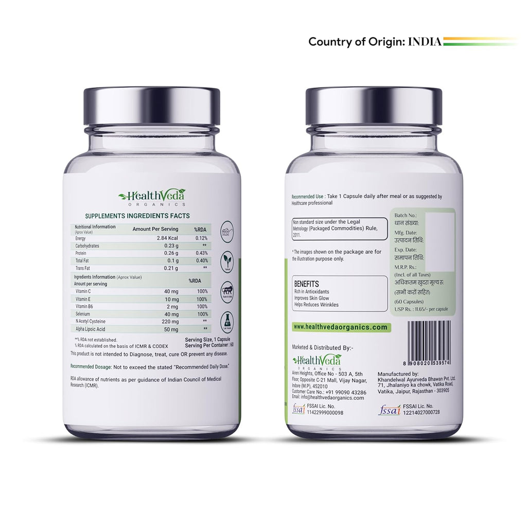 HEALTH VEDA ORGANICS PRIVATE LIMITED Plant Based Glutathione Builder With Vitamins B6 & Selenium|Skin Brightening & Anti-Ageing| 60 Veg Tablets|For Men & Women