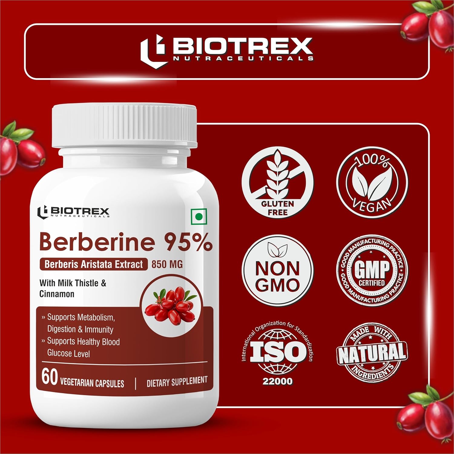 Biotrex Nutraceuticals Berberine HCL 850mg | 95% High Purity | With Milk Thistle & Cinnamon | Maintain Healthy Glucose Levels | Metabolic Support & Digestive Wellness | Lab Tested | 60 Veg Capsules