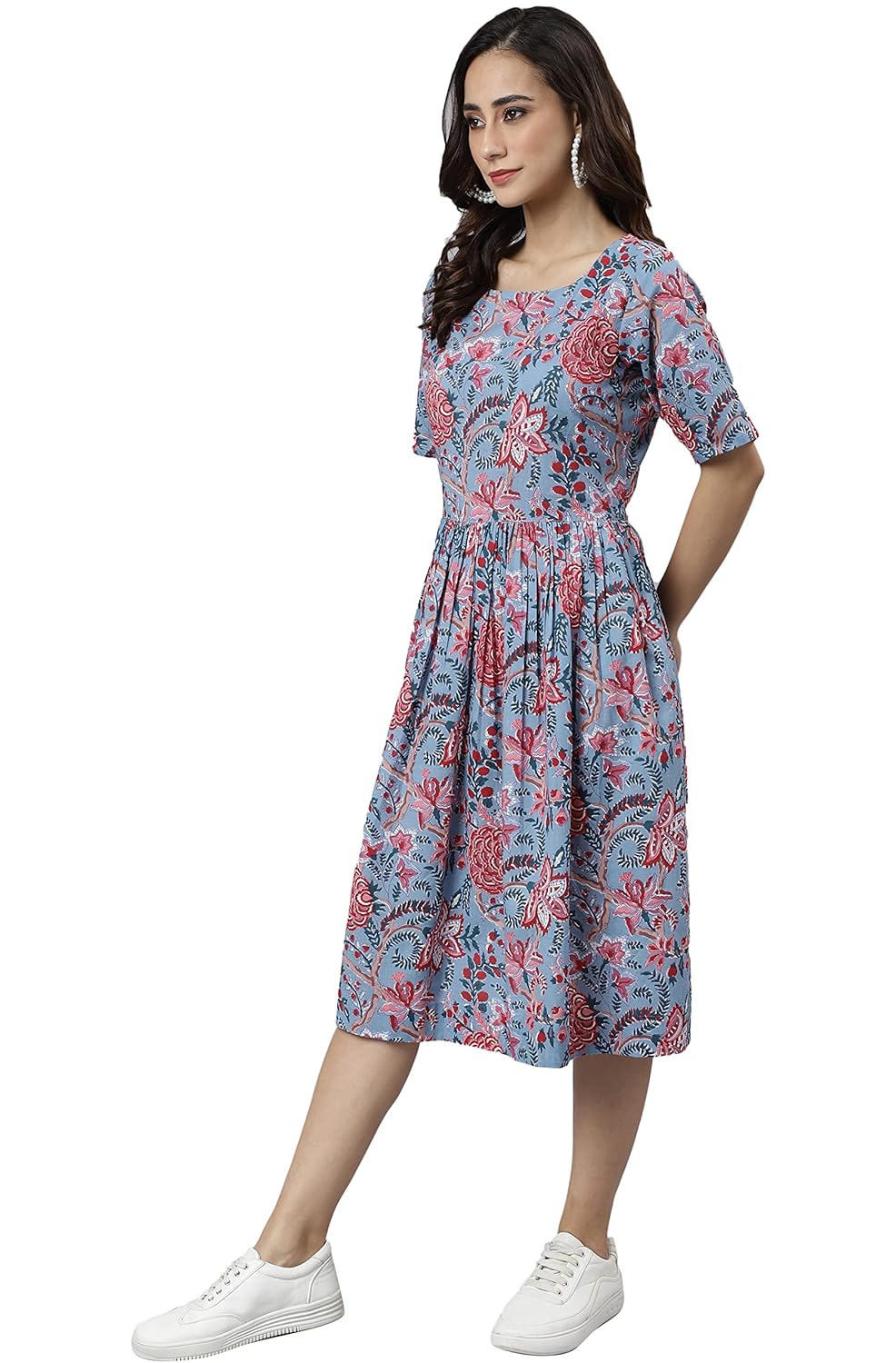 Janasya Women's Sky Blue Cotton Floral Print Flared Western Dress