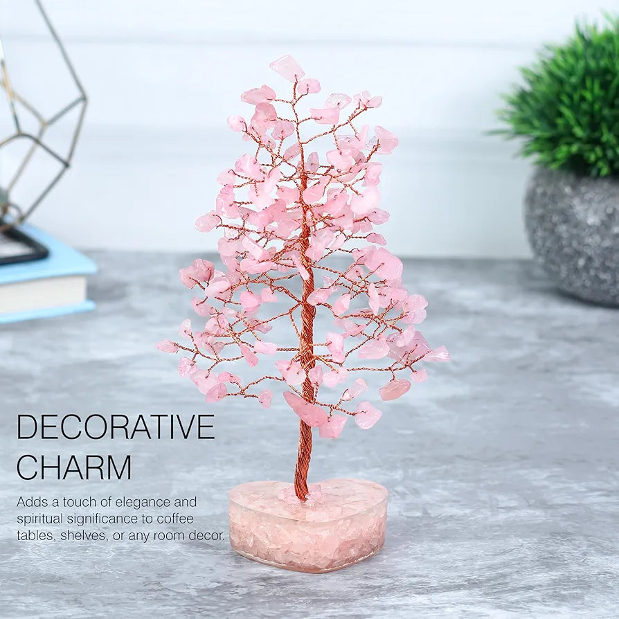 Zaicus Rose Quartz Crystal Bonsai Tree with Heart Base – Handmade Feng Shui Tree
