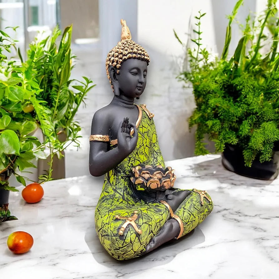 Neelaya Meditating Buddha Statue with Tealight Candle Holder Polyresin Showpiece 28 cm Black Green