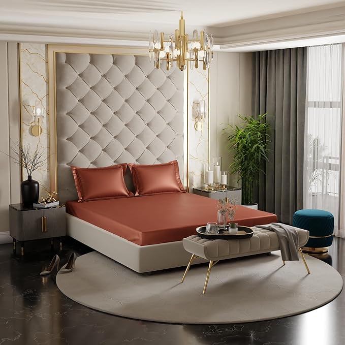 Stoa Paris Satin Elastic Fitted Bedsheets for Double Bed 300TC Premium 2 Pillow Covers Colour Melted Caramel