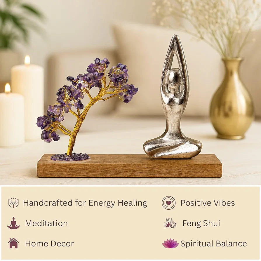 Ritualistic Namaste Amethyst Quartz Crystal Tree Handcrafted for Energy Healing Meditation