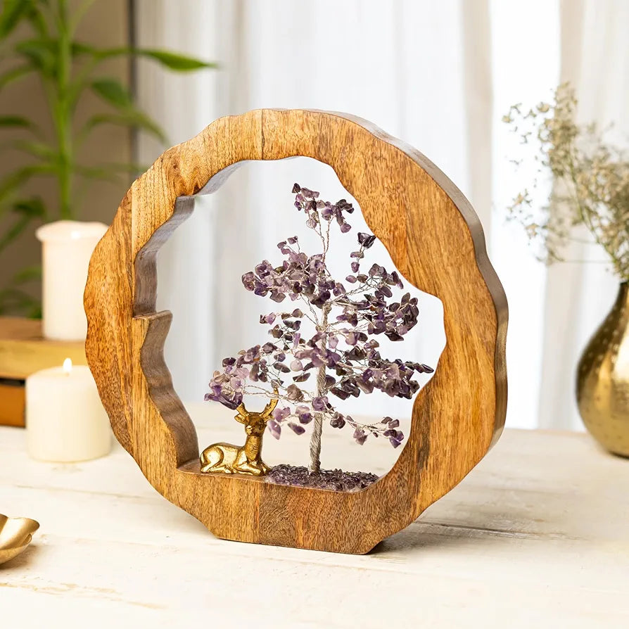 Ritualistic Amethyst Crystal Tree with Reindeer Handcrafted Feng Shui Gemstone Bonsai Tree