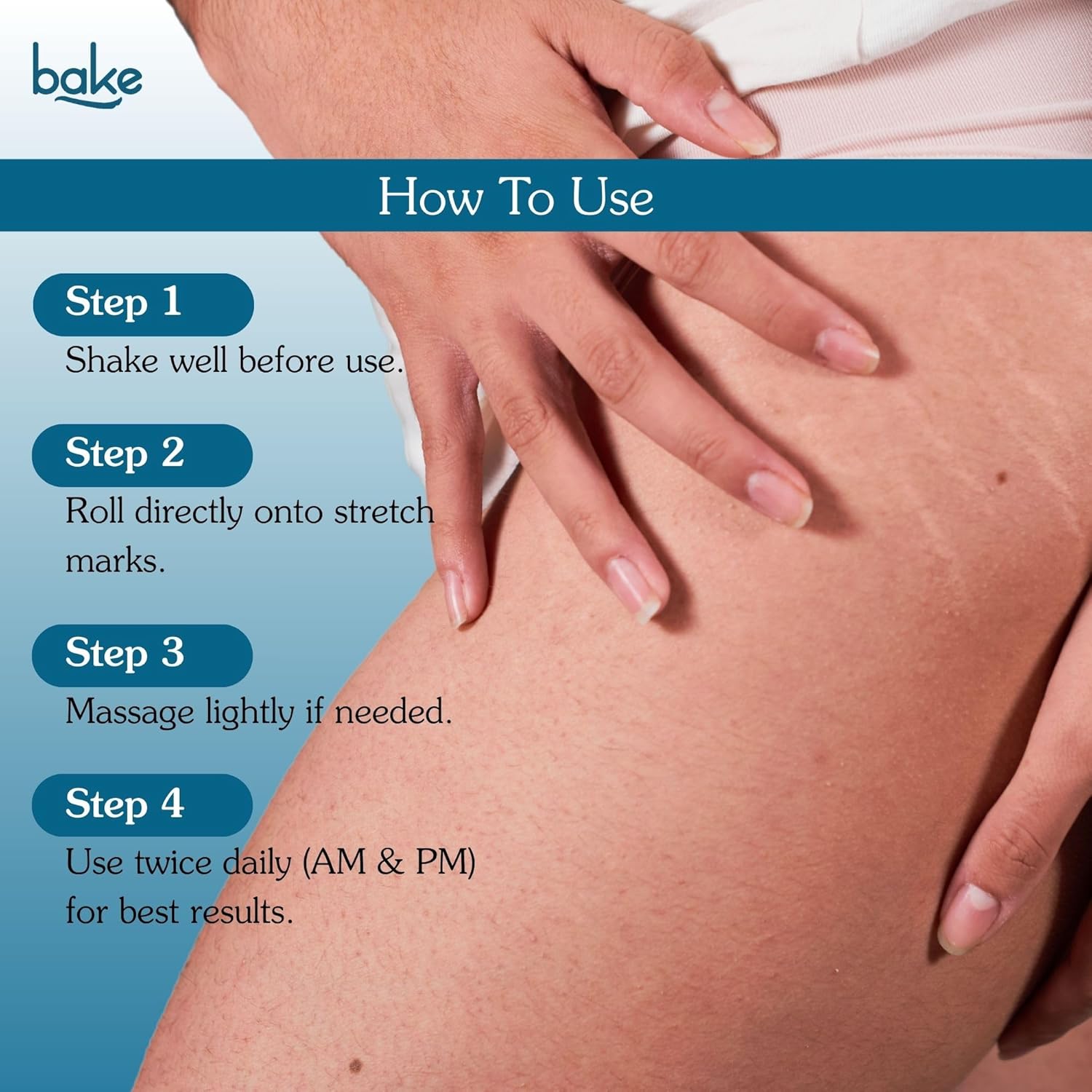 BAKE StriEraseâ„¢ Stretch Marks Removal Roll On Serum | For Pregnancy Use | 0.5% Encapsulated Bakuchiol, 2% Centella Asiatica | Fades Stretch Marks & Scars, Firms Skin & Improves Uneven Skin | Fragrance Free, SLS Free â€“ 50ml