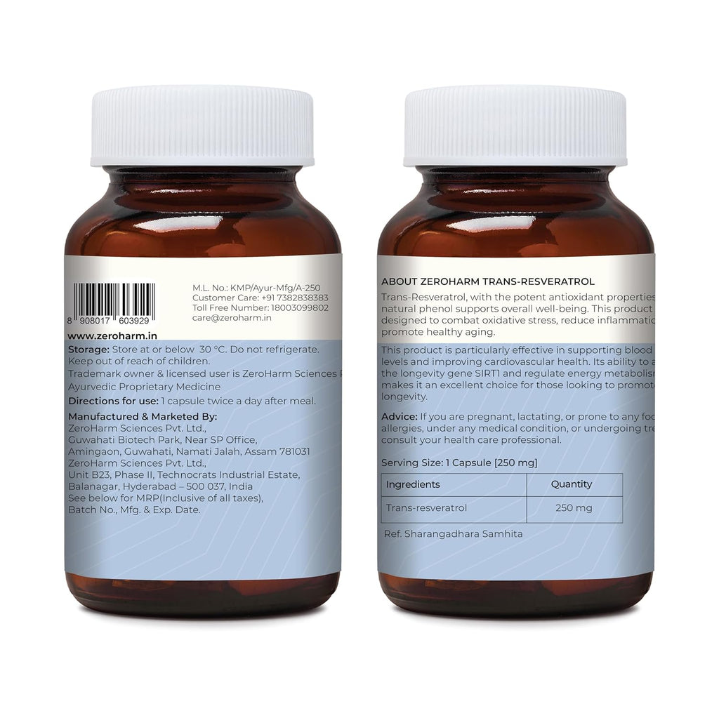 ZEROHARM Trans-Resveratrol Supplements | 250 mg Pure Resveratrol with Japanese Knotweed Extract - Support Immunity, Support Healthy Aging | Antioxidant Supplement For Men & Women | 60 Veg Capsules