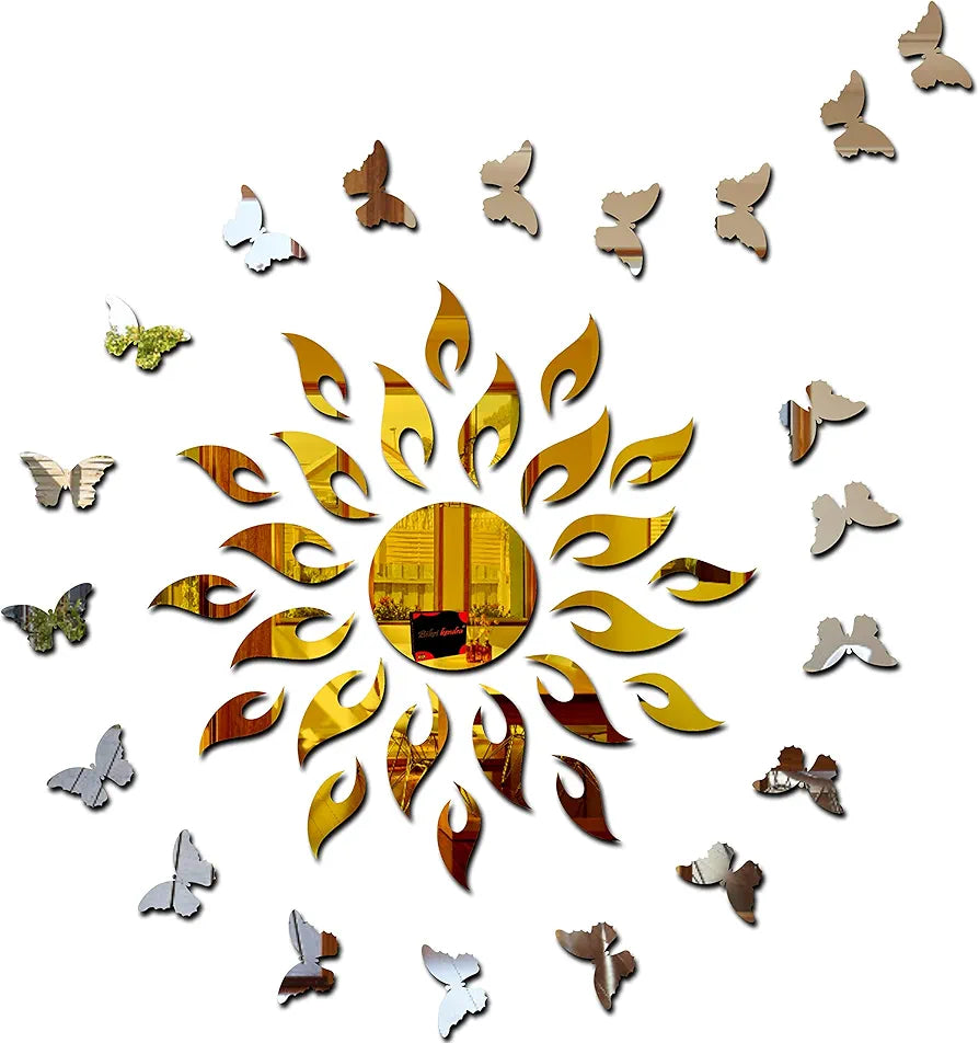 Bikri Kendra Golden Sun with Silver Butterfly Decorative Mirror Stickers for Wall Wall Mirror Stickers 3D Acrylic