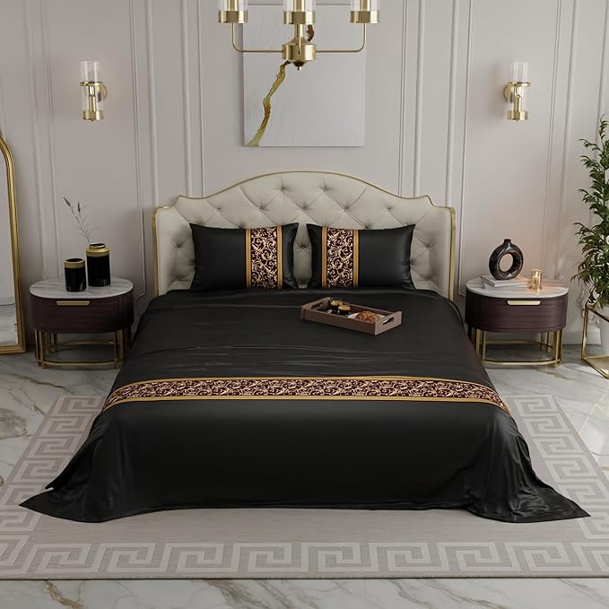 Stoa Paris Solid Bedsheets For Double Size Bed 300 Threadcount Satin Bedsheet Set Colour Black-Gold