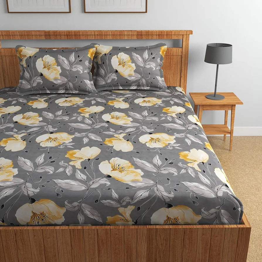 Homefab India 160 TC Glace Cotton Double BedSheet with 2 Pillow Covers Grey Floral