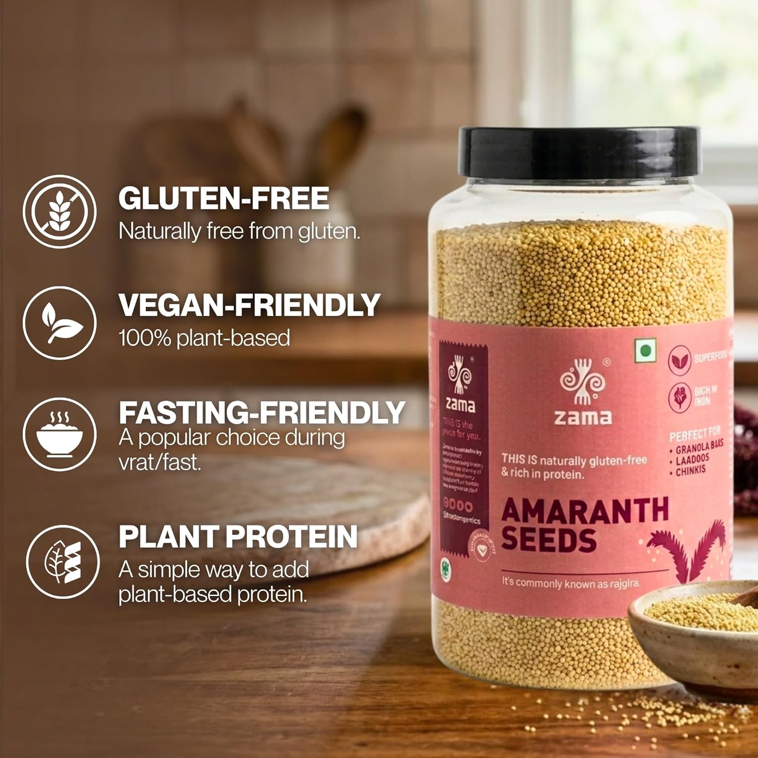 Zama Organics Amaranth Seeds 1Kg Jar | Rich in Fiber & Protein | Keto Friendly | Gluten free, Calcium Rich | No Cholesterol | Rajgira Seed | Best for soups, chapati, salads