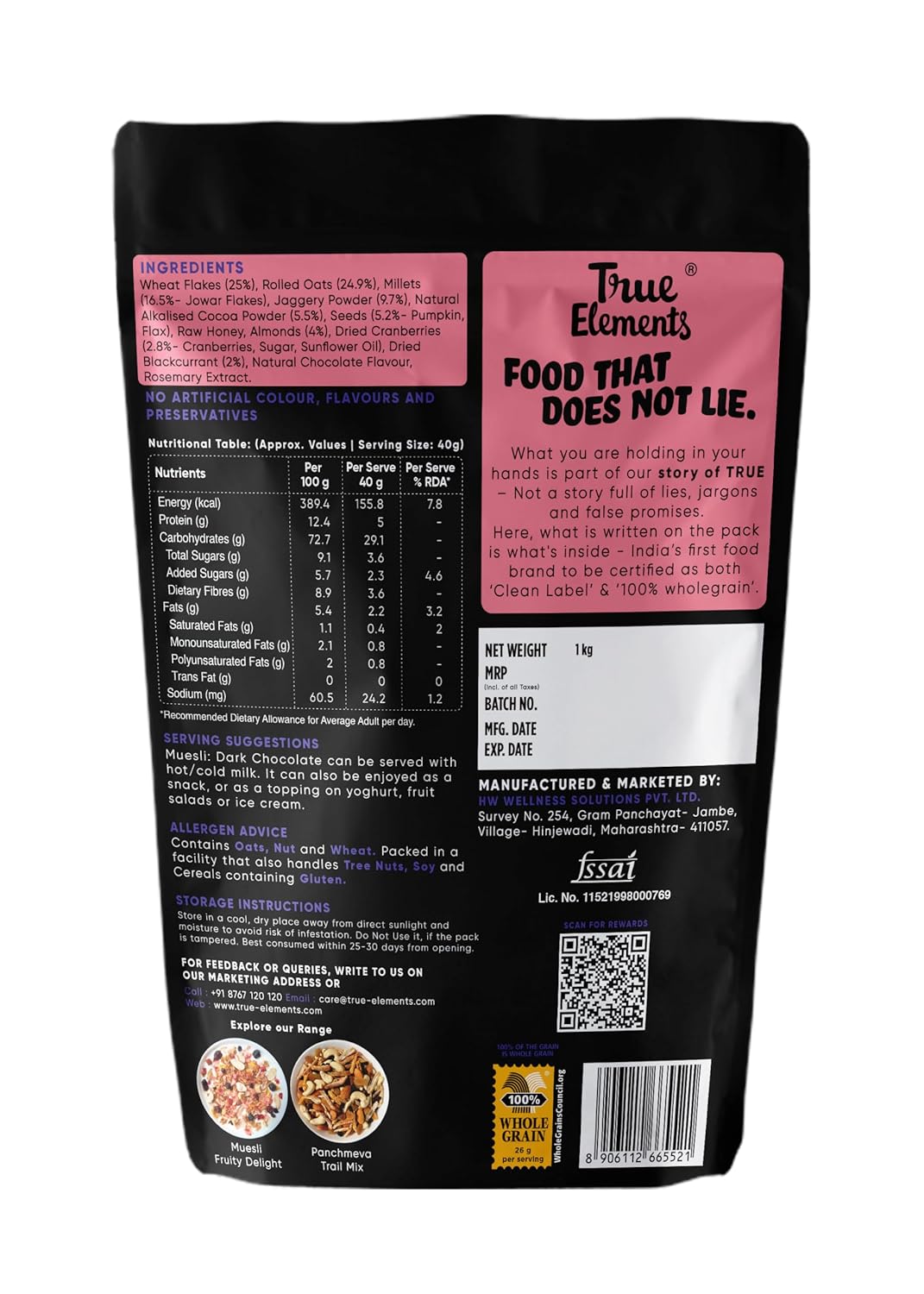 True Elements Dark Chocolate Muesli 1kg | Nuts & Berries Muesli | 13g Clean Protein | 13% Millet | Cereal for Breakfast | Gluten Free Breakfast