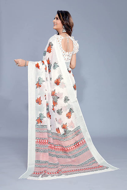 Mirchi Fashion Women's White Cotton Blend Blossom Leafs Printed Saree