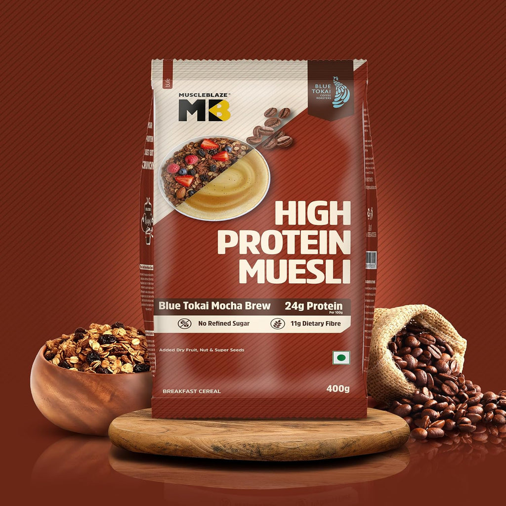 MuscleBlaze High Protein Muesli, Blue Tokai Mocha Brew| 24g Protein | With Raisins, Almonds & Super Seeds, High Protein Breakfast Cereals