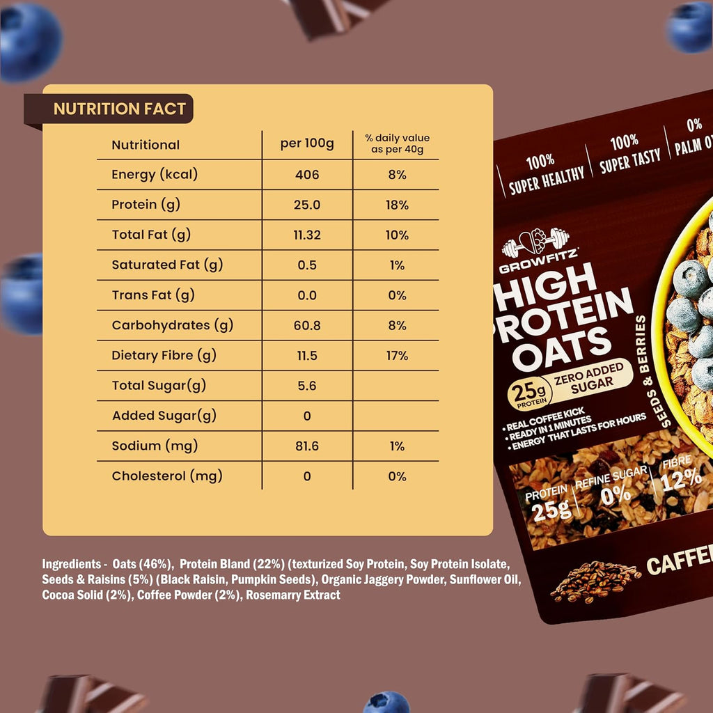 GrowFitz 25g High Protein Oats 800 Gram | Caffee Mocha Flavor Breakfast Oatmeal | 12g High Fiber, Almonds, Raisin, Pumpkin, Chia Seeds, Super Rolled Oats | Healthy Fats, No Added Sugar (Pack of 1)