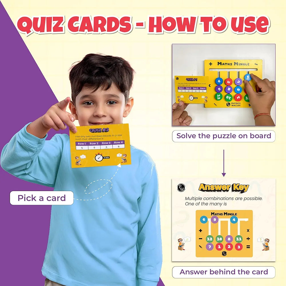 PW Wooden Maths Slide Puzzle Game for Kids Age 4-10 Solve Fun Puzzles with Quizzes & Learn Addition Subtraction, Multiplication Division Shapes Colours