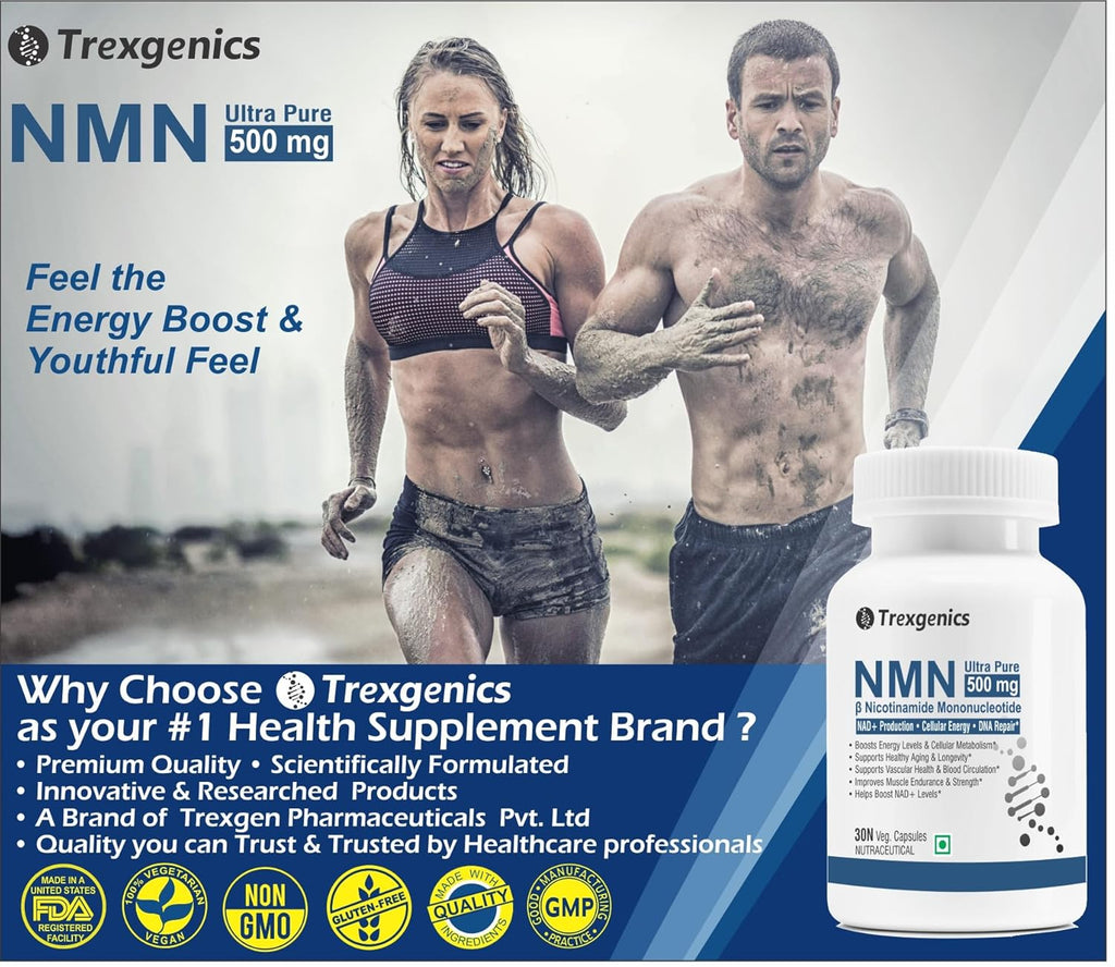 Trexgenics NICOTINAMIDE MONONUCLEOTIDE (NMN) 500 mg ULTRA PURE NAD+ Booster Energy, Muscle Endurance, Cardiovascular Health (30 Veg. caps) (Pack of 1)