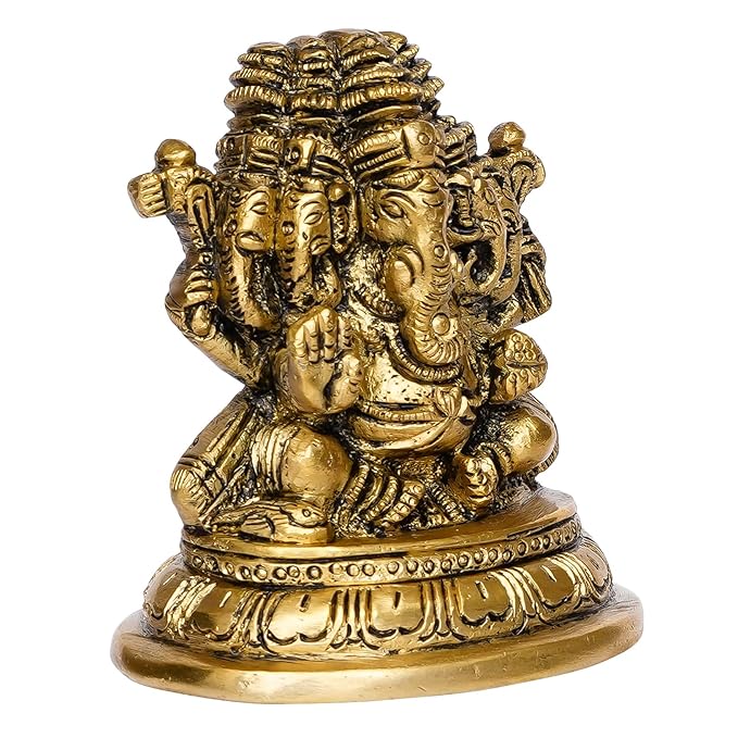 Ecraftindia Handcrafted Golden Brass Panchmukhi Lord Ganesha Idol | Hindu God Idol | Home Decor | Puja Room