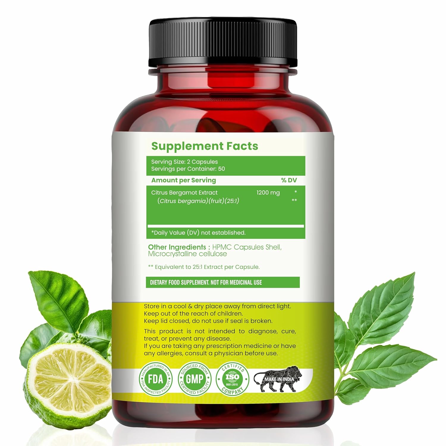 Citrus Bergamot 1200mg Supplement, 100 Veg Capsules, Antioxidant-Rich Complex for Heart Health and Immune Support