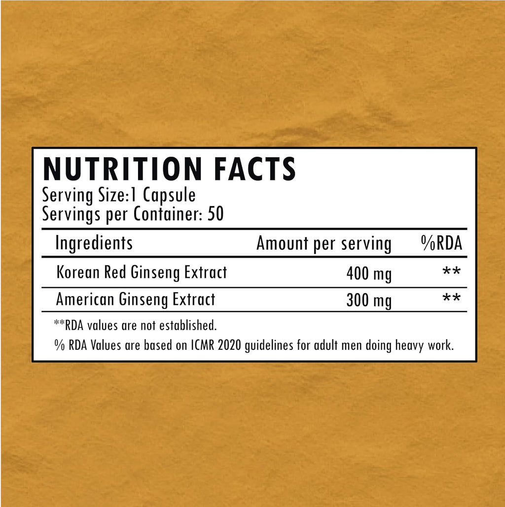 Klr.Fit's Korean Red and American Ginseng | Boosts Energy, Supports Immune System, and Reduce Stress | For Men & Women | With 20% Ginsenosides content | 50 Capsules