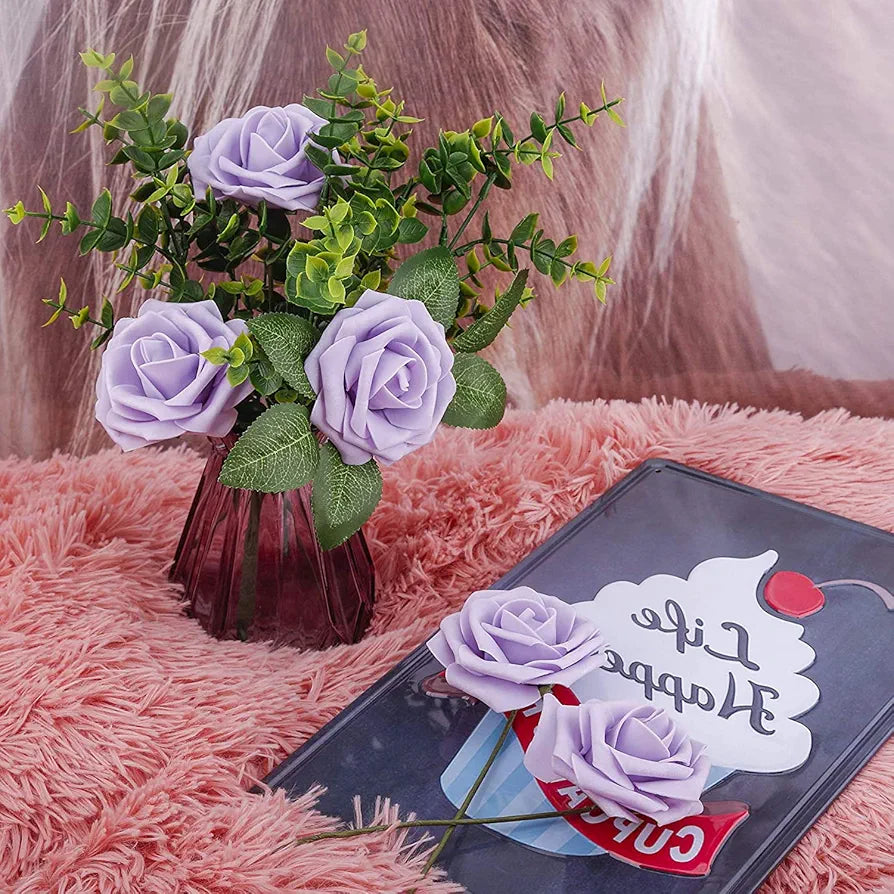 Artificial Flowers 25pcs Real Looking Fake Roses w/Stem Lilac