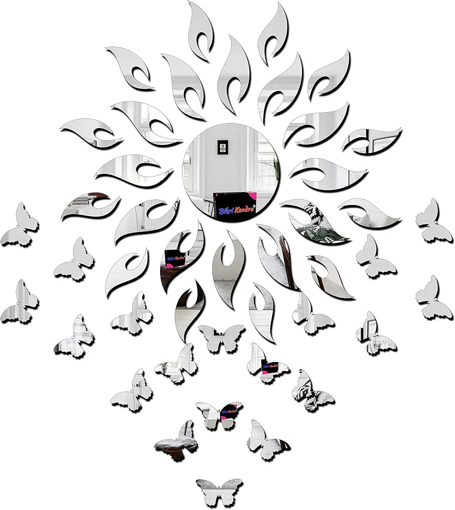 Bikri Kendra Art BK64 Sun Silver with Butterfly Silver 20-3D Acrylic Mirror Stickers for Wall